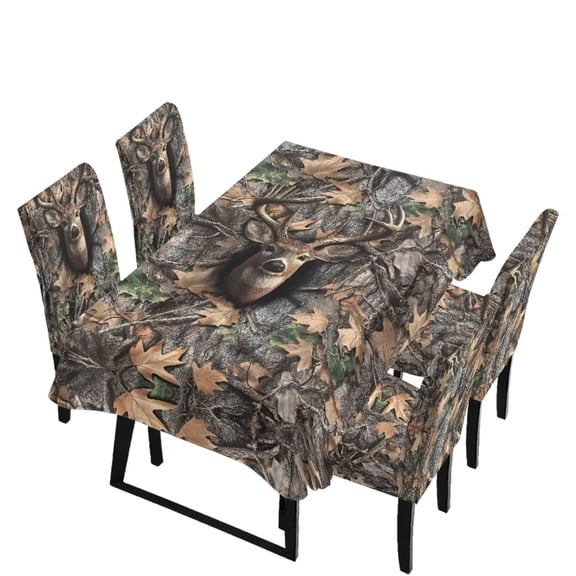 TSOVTHRID Deer Elk Camo Hunting Print 5 Pcs Tablecloth Chair Covers Set Stretchable Washable Rectangle Table Cover with Seat Slipcovers for Dining Room Banquet Wedding Party Kitchen Decor
