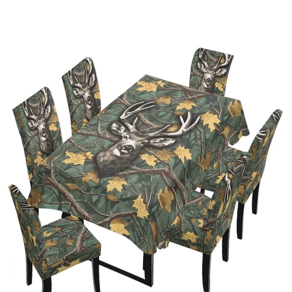 TSOVTHRID Deer Elk Camo Hunting Print Chair Covers Set of 6 and Table Cloth, Stretch Chair Slipcovers Table Cloth Decor, Washable Removable Chair Protector Chair Covers for Dining Room