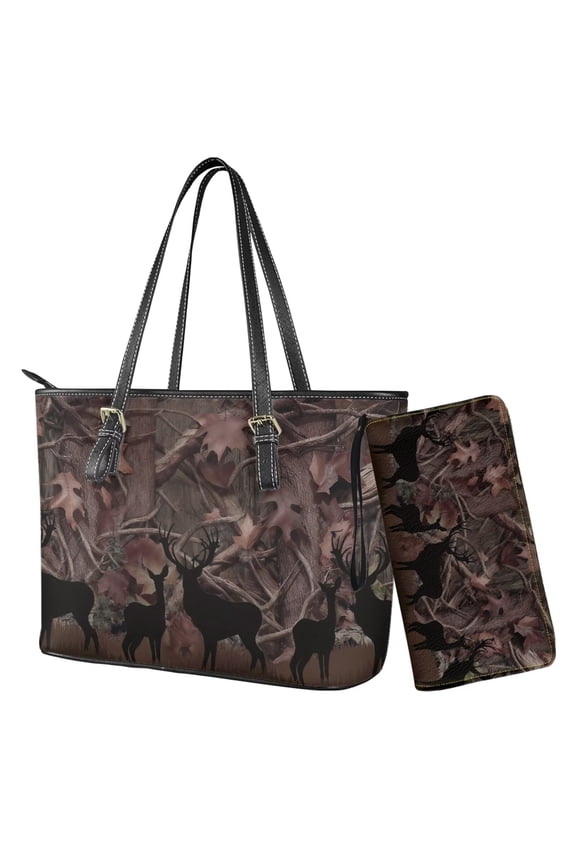 Deer Forest Camo Hunting Print Tote Bag for Women Large Capacity Wallet and Purse Set Brown Shoulder Purse Handbags Work Laptop Travel Top Handle Satchels Zip Pouch