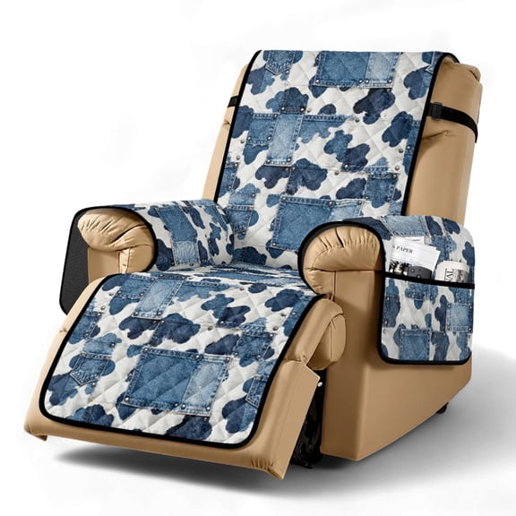TSOVTHRID Denim Patchwork Cow Pattern Print Recliner Chair Cover Comfy Chair Covers for Electric Recliner Slipcovers Non Slip Lazy Boy 1 Seat Sofa Cover Furniture Protector with Pocket for Pets