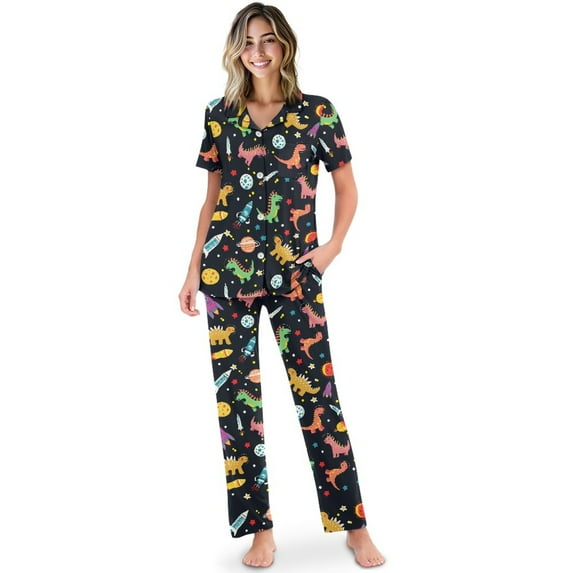 TSOVTHRID Dinosaur Planet Rocket Star Print Pajama Set for Women Button Down Sleepwear With Long Pants Soft Lounge Set for Women Short Sleeve Pj Sets, Size XL