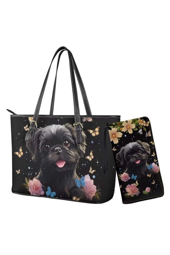 Dog Floral Butterfly Print Handbag and Wallet Set Waterproof Black Tote Bag Top Handle Handbag with Matching Leather Wallet Large Capacity Shoulder Satchel Clutch Purse