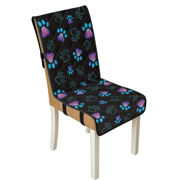 TSOVTHRID Dog Paw Black Print Quilted Dining Chair Slipcovers Stretch Comfy Chair Seat Covers Washable Removable Seat Cushion Covers with Detachable Strap, Set of 1