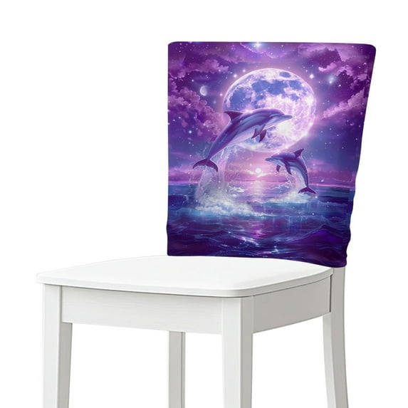 TSOVTHRID Dolphin Moon Starry Night Print Chair Covers Washable Chair Back Protector Covers Soft Dining Chairs Slipcovers for Kitchen Party Festival Home Decor, Set of 2