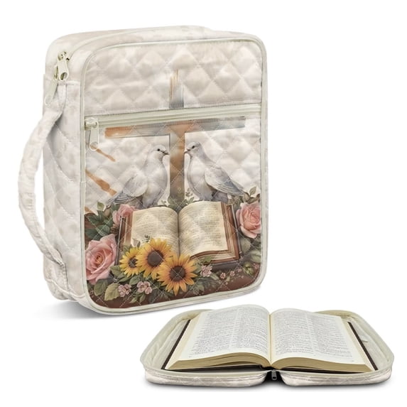 TSOVTHRID Dove Cross Book Flower Print Bible Bag Bible Cover Cases with Portable Handle, Quilted Carrying Book Case for Bibles Study Multi-Functional, Christian Gift, White