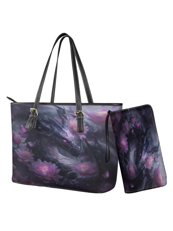 Dragon Lotus Flower Print Handbag and Wallet Set Womens Top Handle Handbag Satchel with Matching Wristlet Wallet Waterproof Leather Purple Tote Bag Shoulder Bag for Shopping