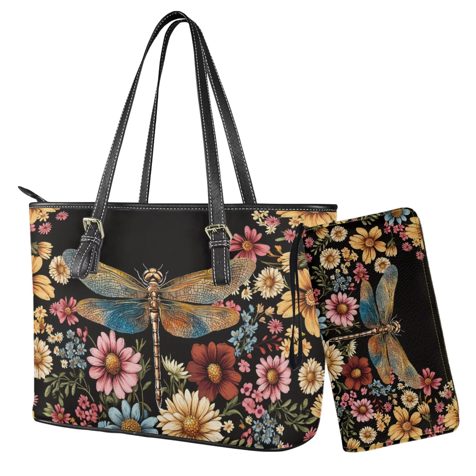 TSOVTHRID Dragonfly Daisy Floral Print Purse and Wallet Set for Women Tote Handbag Tote Purse and Wallet Set Shoulder Satchel Bags with Matching Purse for Working Shopping