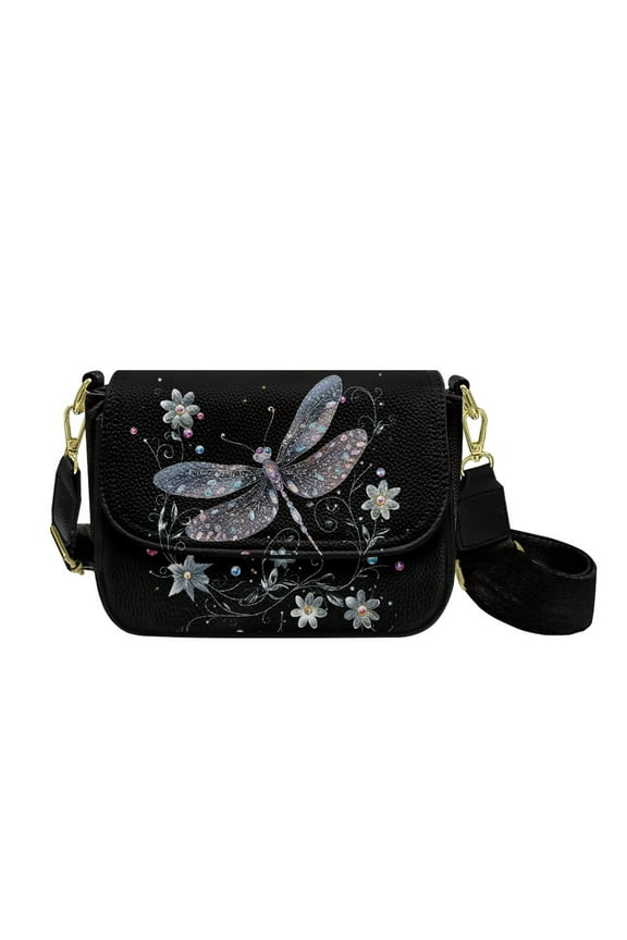 Dragonfly Floral Black Small Crossbody Bag, Women's Shoulder Handbag, PU Leather Cross Body Purses, Crossover Shoulder Bag with Magnetic Buckle