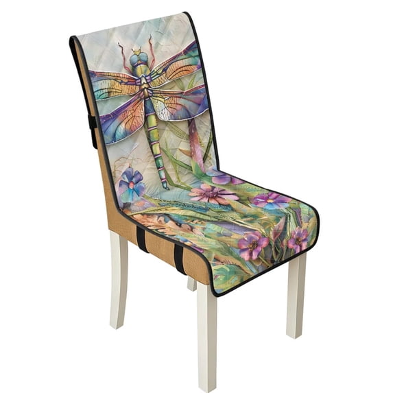 TSOVTHRID Dragonfly Floral Oil Painting Print Seat Cushion Covers for Kitchen Quilted Removable Anti-Slip Dining Room Chair Covers Cozy Chair Seat Slipcovers with Detachable Strap, Set of 1