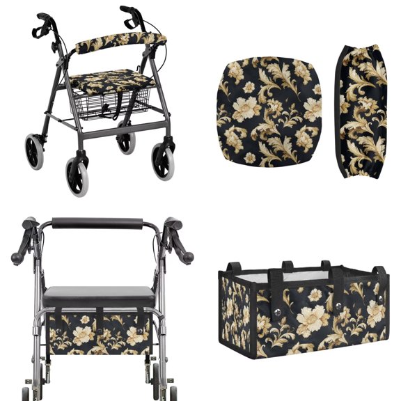 TSOVTHRID European Flowers Pattern 3 Pcs Rollator Walker Accessories, Washable Rollator Walker Seat & Backrest Covers Wear Resisting Rollator Storage Under Seat Bag