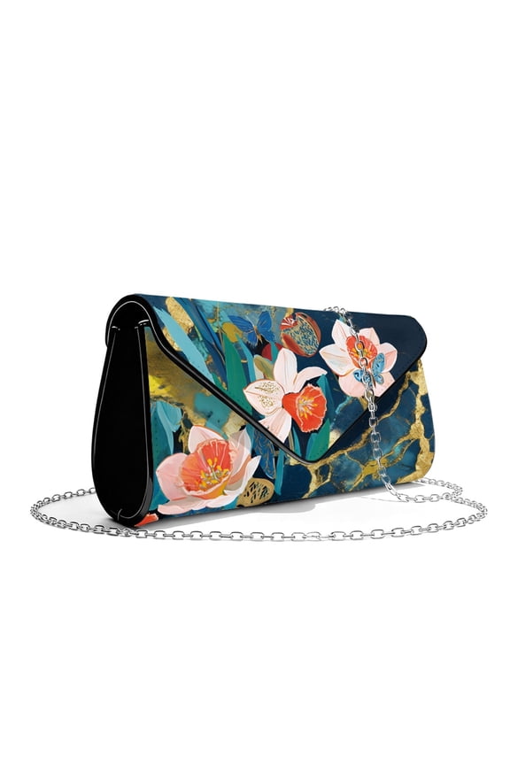 Floral Butterfly Print Clutch Purses for Women Party Handbag Evening Bags Navy Blue Marble Texture Lightweight Leather Shoulder Bag for Formal Wedding Party Cocktail Prom