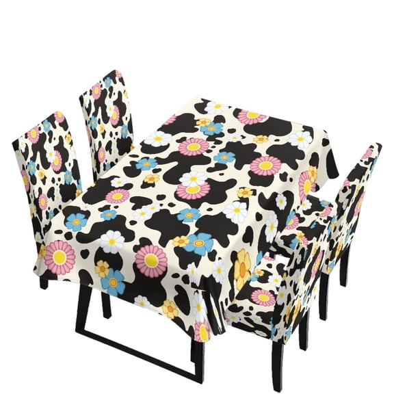 TSOVTHRID Floral Cow Pattern 5 PCS Tablecloth and Chair Covers Set, Protective & Stretchable Table Cover with 4 Seat Slipcovers for Home Kitchen, Banquet, Party