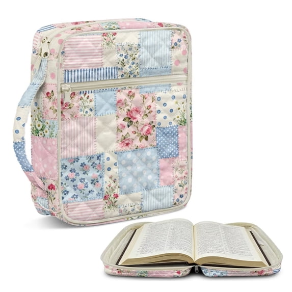 TSOVTHRID Floral Patchwork Pink Blue Print Bible Cases Church Bags for Christian, Bible Protective Cover Quilted, Practical Carrying Book Case with Handle, Gift for Women Men