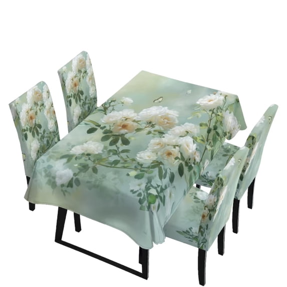 TSOVTHRID Flower Butterfly Pale Green Print 5 Pieces Set Tablecloth and Chair Covers for Banquet Party Decor Washable Rectangle Table Cloth and Dining Chair Slipcovers for Dining Room