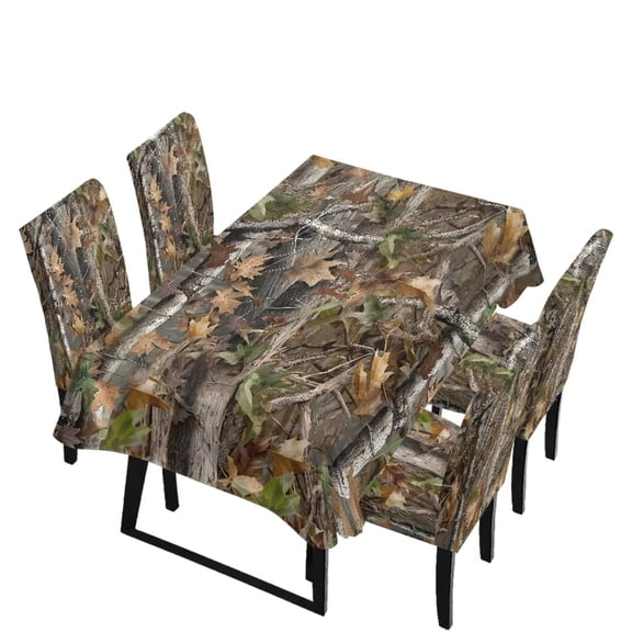 TSOVTHRID Forest Camo Hunting Print 5 Pcs Tablecloth with Dining Chair Seat Covers Washable Table Cloth Stretchable Chair Covers for Dining Room Banquet Home Kitchen Holiday Decoration