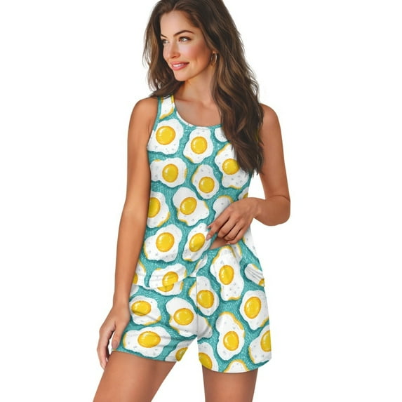 TSOVTHRID Fried Egg Print Pajama Set for Women Round Collar Nightwear Cute Sleeveless Print Sleepwear Tank Top and Shorts Pj Set Soft 2 Piece Loungewear, Size M