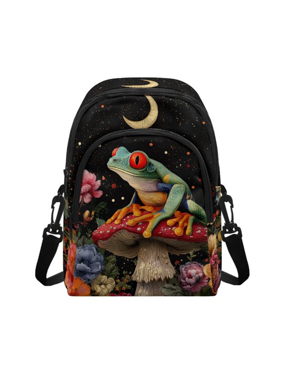 Frog Mushroon Moon Flower Print Small Crossbody Bags for Women Cell Phone Purse Wallet Trendy Cell Phone Shoulder Bag Handbags with Zipper Closure