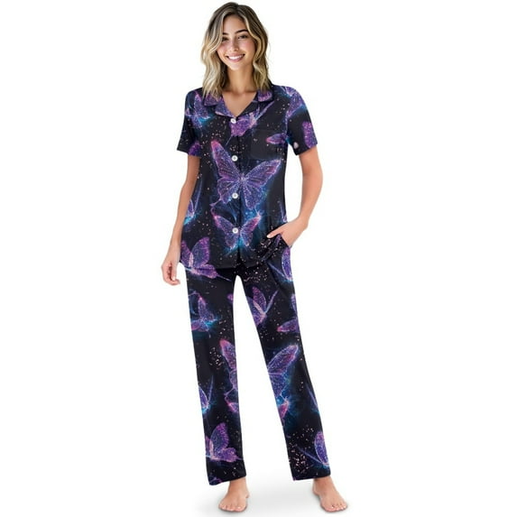 TSOVTHRID Galaxy Butterfly Glitter Print Women's Pajama Sets Notch Collar Sleepwear with Long Pants Soft Loungewear Short Sleeve Pajama Sets, Size L