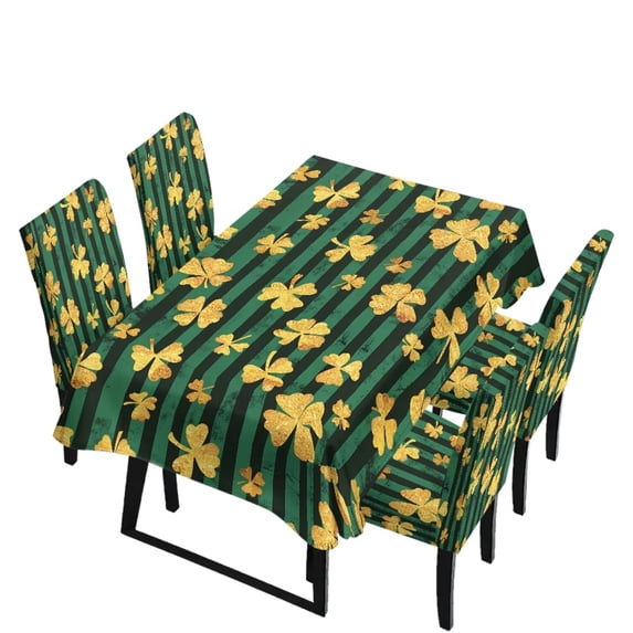 TSOVTHRID Gold Shamrock Stripe Print 5-Piece Table and Chair Cover Set, Rectangle Tablecloth with Chair Slipcovers Removable Table Cloth for Dining Room, St. Patrick's Day Decor