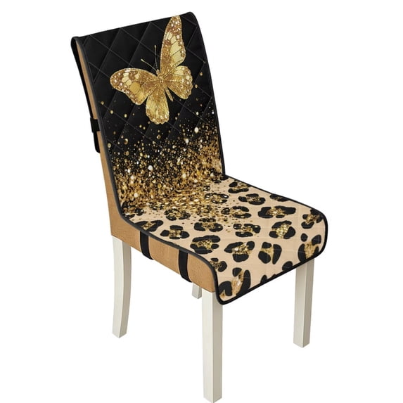 TSOVTHRID Golden Butterfly Leopard Print Dining Chair Covers Quilted Seat Cushion Covers Anti-Slip Stretch Armless Chair Slipcovers Removable Washable with Detachable Strap, Set of 2