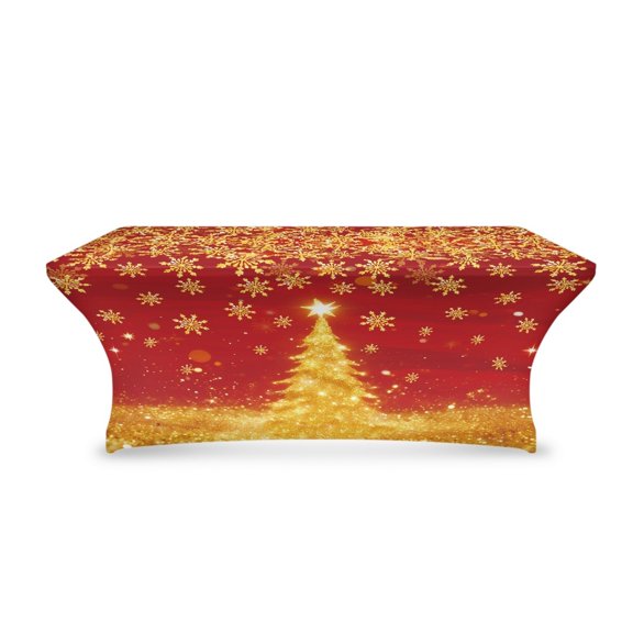 TSOVTHRID Golden Christmas Tree Snowflake Print Table Covers for 6 Foot Tables, Washable Table Cloth Wrinkle Resistant Stretch Tablecloths Rectangle 6ft for Wedding, Banquets, Parties Christmas Decor