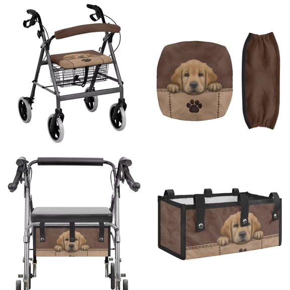 TSOVTHRID Golden Retriever Dog Paw Pattern Walker Accessories 3 Piece Set, Washable Rollator Walker Seat and Backrest Covers with Under Seat Storage Bag Set of 3