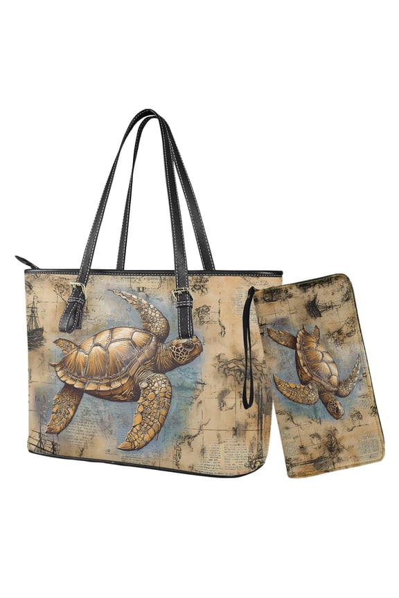 Golden Sea Turtle Print Tote Bag with Purse Lightweight Leather Handbag and Wallet Set for Women Waterproof Totes Top Handle Handbag with Matching Purse, Beige