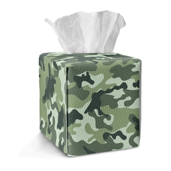 TSOVTHRID Green Camo Pattern Square Tissue Box Cover, PU Leather Facial Paper Oraganizer Dispenser Easy Refill Tissue Case Organizer Dispenser for Dining Room Bathroom