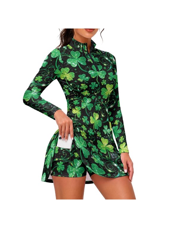 Green Clover Mini Dress for Golf, 2 Piece Sets Golf Dresses with Slim Fit 1/4 Zip Up Skort Dress, Size Medium