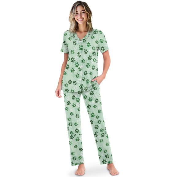 TSOVTHRID Green Dog Paw Print Pajama Set for Women Short Sleeve Sleepwear with Long Pants Button Down Pajamas Soft Lounge Set, Size 2XL
