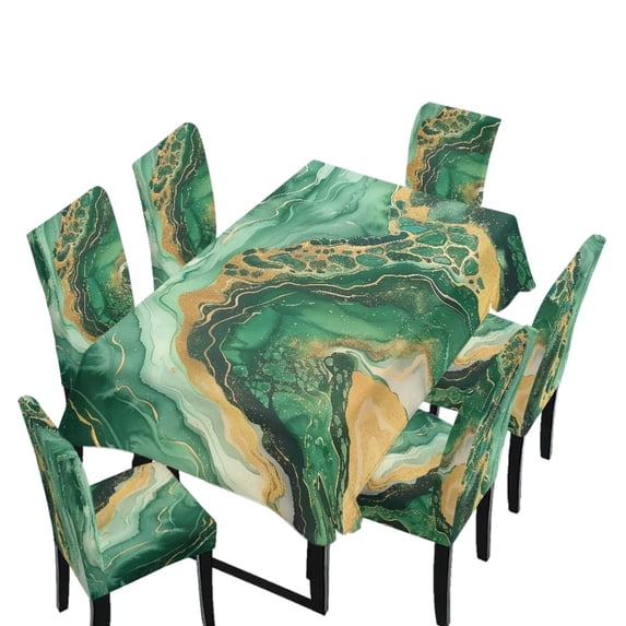 TSOVTHRID Green Golden Marble Print Table Cloth and Chair Covers Set 7-Piece Stretch Fit Tablecloth and Chair Slipcovers for Dining Room Holiday Kitchen Home Party Ceremony Decor