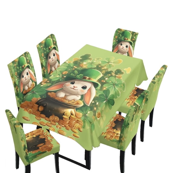 TSOVTHRID Green Hat Rabbit Print 7 Pcs Tablecloth Chair Cover Set Chair Covers Shamrock Gold Coin Print Rectangle Table Cloth Oil Proof for Dining Room Banquet Party St. Patrick's Day Decor
