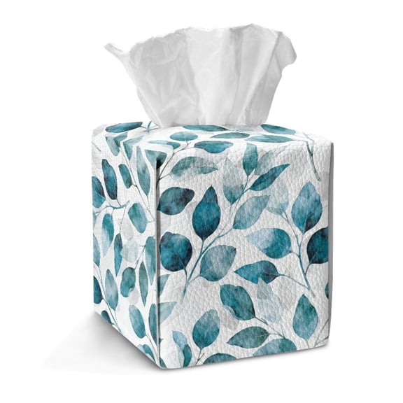 TSOVTHRID Green Leaf Print Tissue Box Cover Holder, Easy to Clean Facial Paper Organizer PU Leather Towel Dispenser Suitable for Tabletop, Bathroom, Car, Office Use