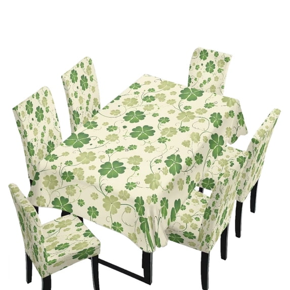 TSOVTHRID Green Shamrock Leaf Print Tablecloth Stretch Dining Chair Slipcovers Removable Table Cloth Chair Dustproof Cover Furniture Protector for Kitchen St. Patrick's Day Decor, 7 Pcs
