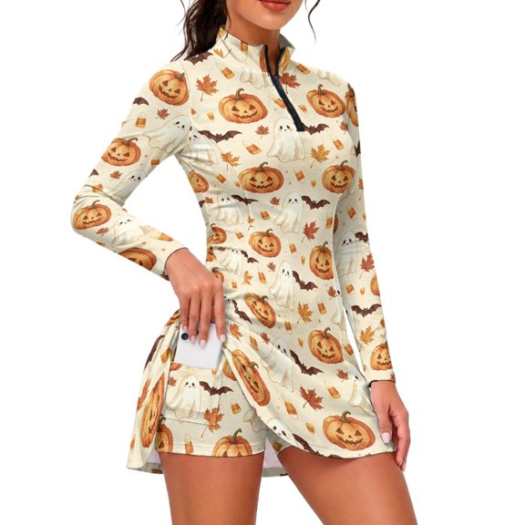 TSOVTHRID Halloween Pumpkin Ghost Golf Dresses, Zip Up Mini Dress for Tennis Hiking, Pocket Quick Dry Tennis Dress, Size Medium