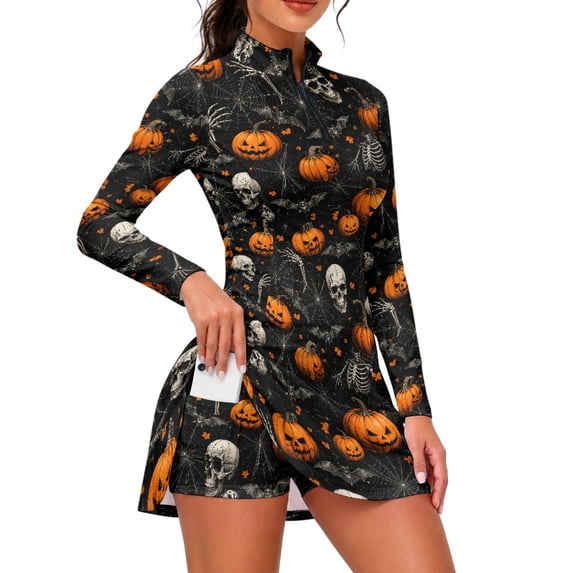 TSOVTHRID Halloween Pumpkin Skull Print Golf Outfits for Workout, 2 Piece Sets Golf Apparel with Collared 1/4 Zip Workout Dress with Shorts, Size X-Large