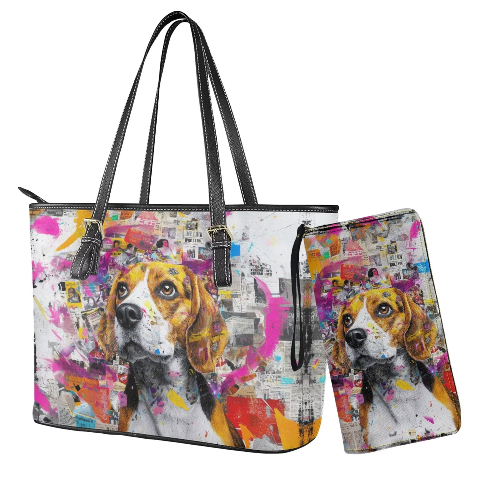 TSOVTHRID Handbag and Wallet Set Beagle Dog Paint Splatter Print Large Shoulder Tote Bag Top Handle Purse with Matching Wallet PU Leather Clutch Purse Satchel Handbag for Women