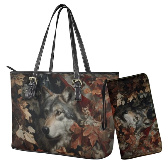 TSOVTHRID Handbag with Wallet Set for Women Tote Satchel Shoulder Purse with Matching Wristlet Wallet PU Leather Top Handle Handbag with Purse Set, Wolf Forest Camo American Flag Print