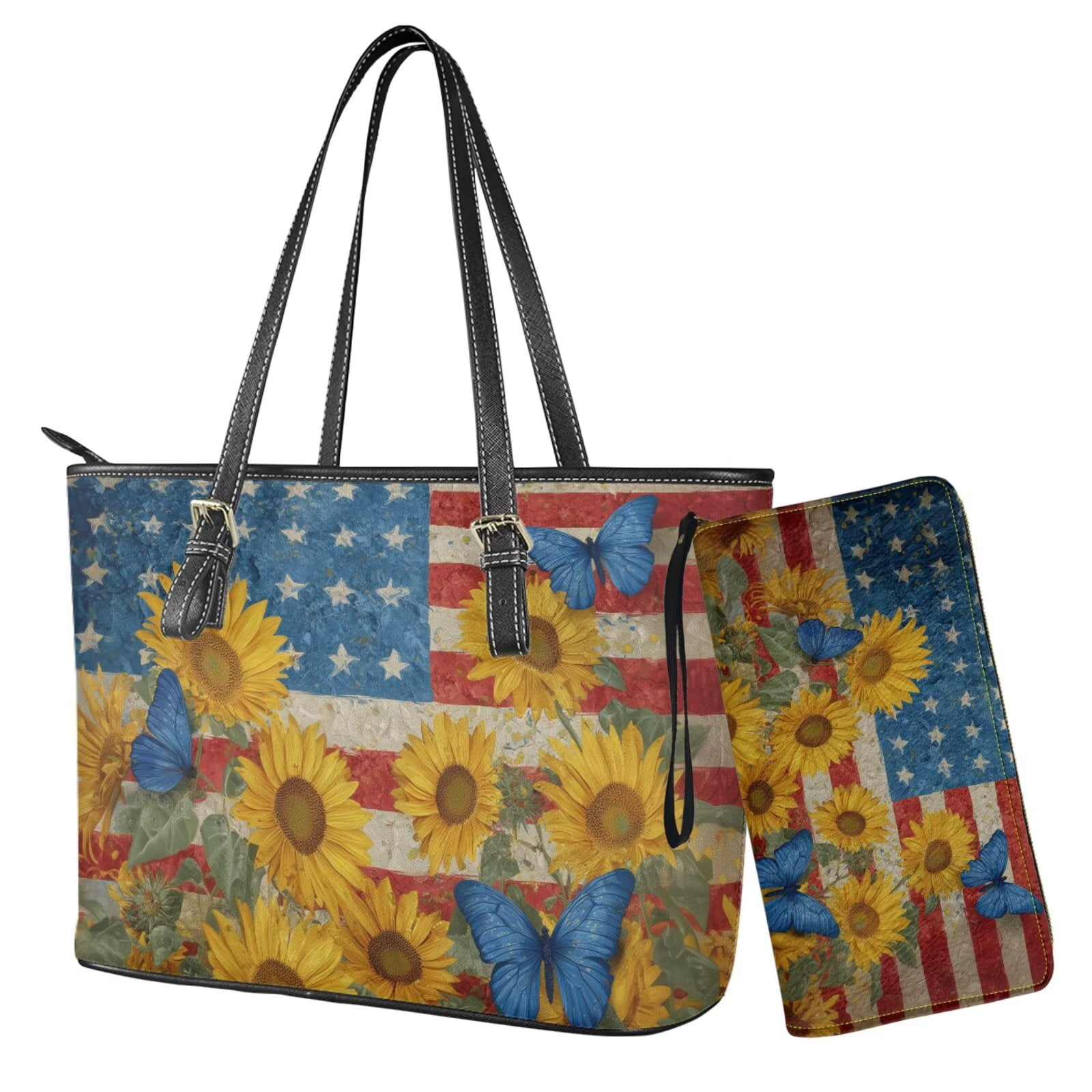 TSOVTHRID Handbag and Wallet Set for Womens Tote Bag with Matching Wristlet Wallet Pu Leather Top Handle Handbag Satchel Purse for Shopping Walking, American Flag Sunflower Butterfly Print