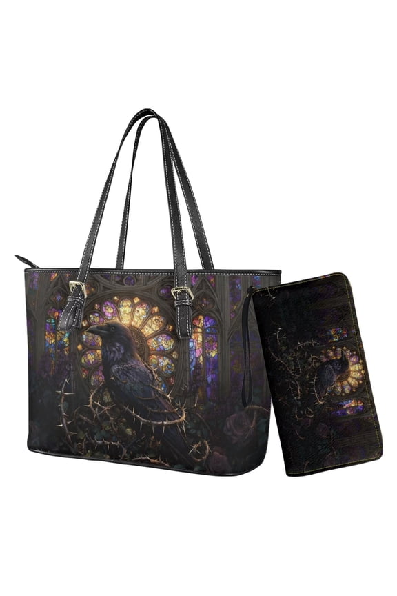 Handbag and Wallet Top Handle Purse with PU Matching Wallet, Black Tote Shoulder Bag Top Handle Bag Satchel Handbag for Women Shopping Working, Crow Thorn Glass Painting Print