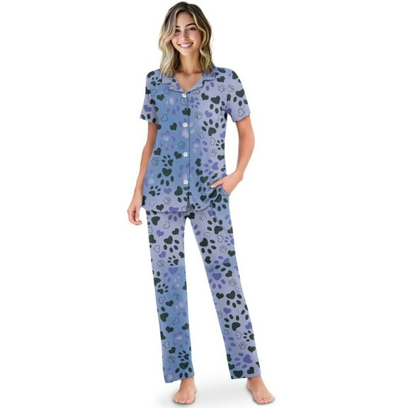TSOVTHRID Heart Dog Paw Print Pajama Set for Women Soft Pjs with Long Pants Button Down Sleepwear Soft Short Sleeve Nightwear Sets, Size M