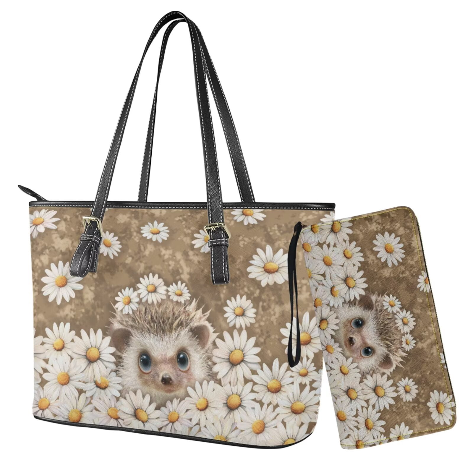 TSOVTHRID Hedgehog Daisy Print Handbag with Wallet Set Tote Satchel Shoulder Purse with Matching Wristlet Wallet PU Leather Top Handle Handbag with Coin Purses, Beige