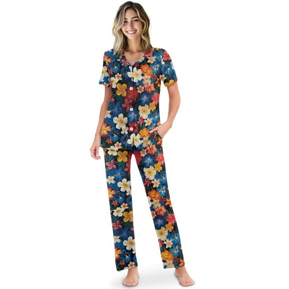 TSOVTHRID Hibiscus Plumeria Frangipani Flower Print Women's Pajama Sets Notch Collar Loungewear with Long Pants Button Down Sleepwear, Size S