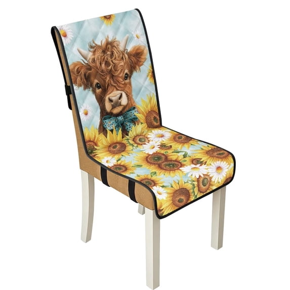 TSOVTHRID Highland Cattle Sunflower Daisy Print Quilted Dining Chair Slipcovers Comfy Adjustable Chair Cushion Covers with Detachable Strap Practical Stain Resistant Seat Covers, Set of 1