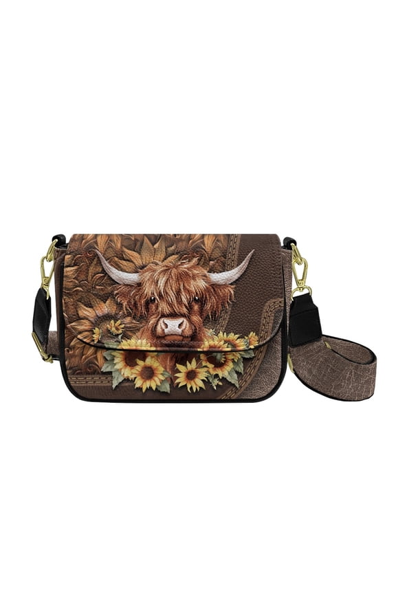 Highland Cattle Sunflower Print Crossbody Bags for Women, Crossbody Purse, PU Leather Handbags Shoulder Bag, Cell Phone Purse with Wide Strap