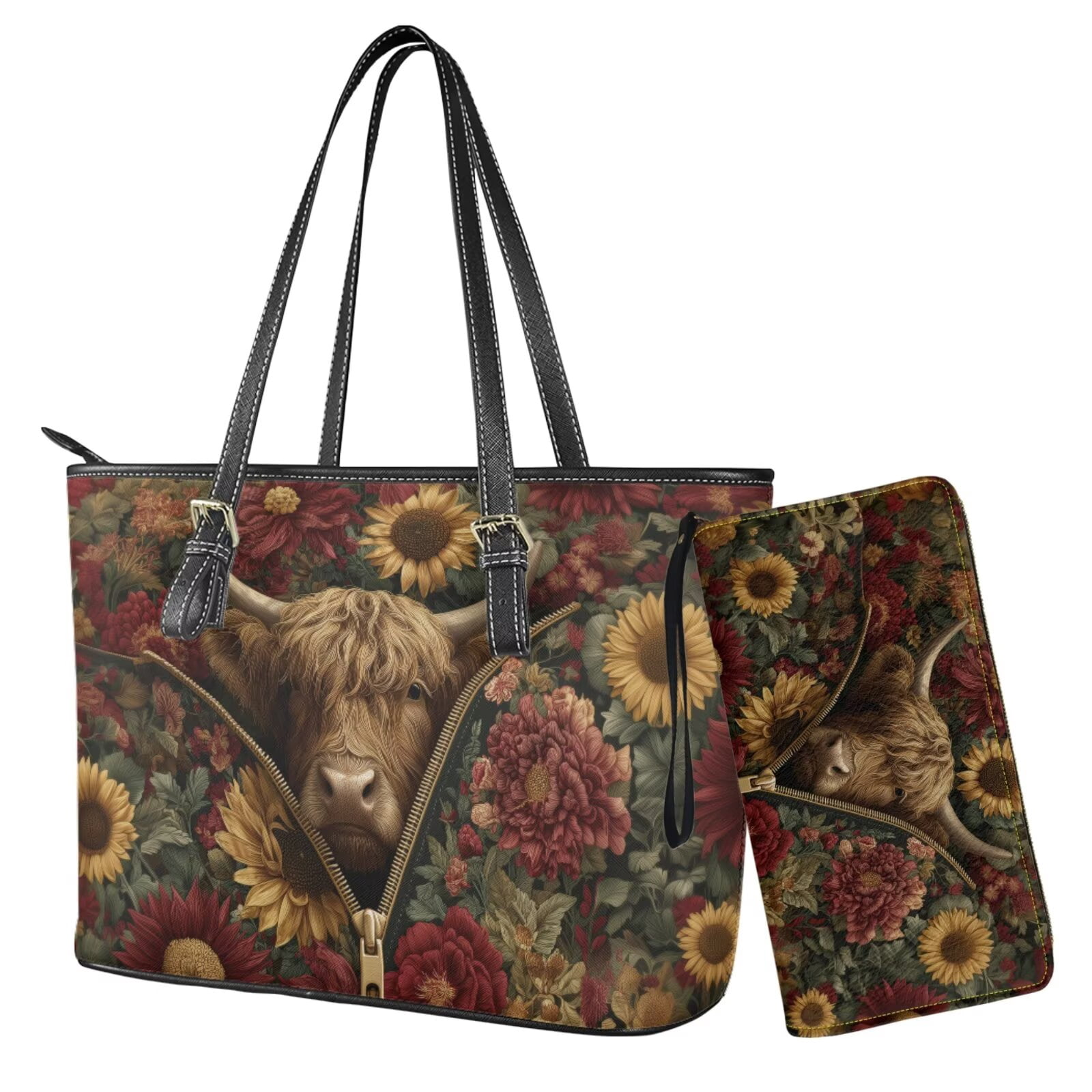 TSOVTHRID Highland Cattle Sunflower Print Purses for Women Waterproof Handbag with Matching Wallet Set Leather Shoulder Bag Tote Satchel with Purse for Ladies Shopping