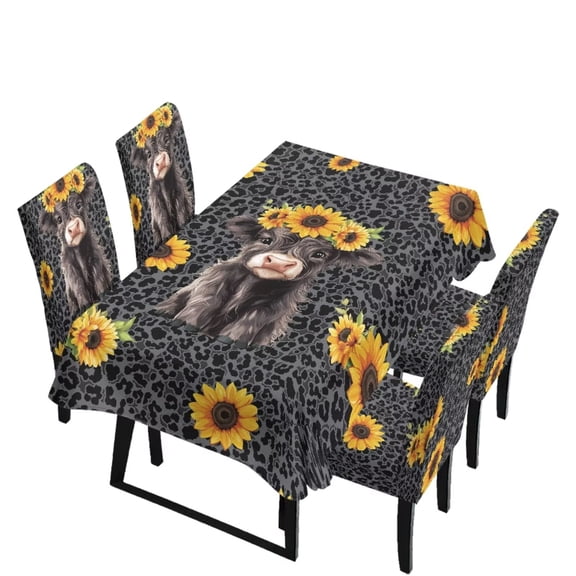 TSOVTHRID Highland Cattle Sunflower Print Tablecloth Stretch Dining Chair Slipcovers Removable Black Leopard Pattern Table Cloth Chair Dustproof Cover Furniture Protector for Kitchen Decor, 5 Pcs