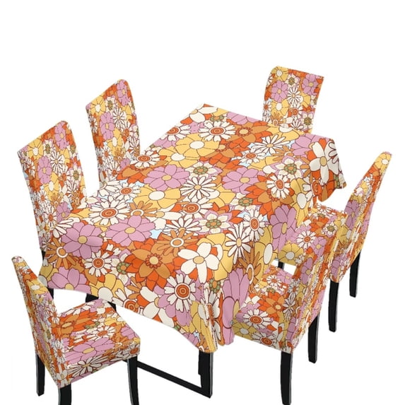 TSOVTHRID Hippie Daisy Floral Print 7 Pcs Tablecloth Chair Covers Set, Rectangle Table Cloth Washable Chair Seat Protector with Elastic Bottom for Kitchen Banquet Party Decor