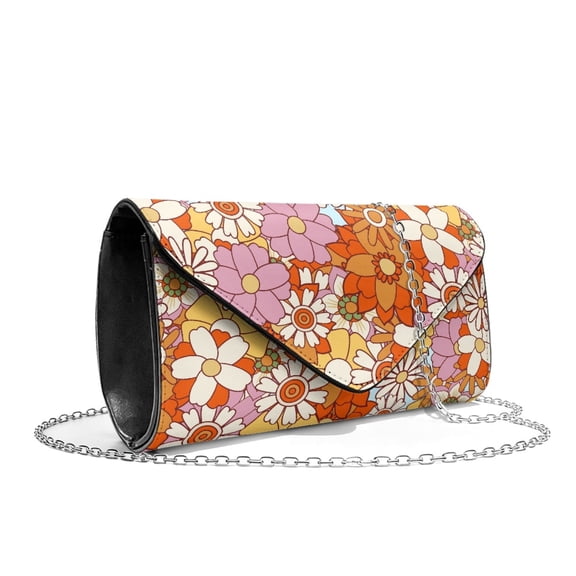 TSOVTHRID Hippie Daisy Print Clutch Purses for Women Evening Bags Leather Clutch Handbags for Wedding Party Cocktail Prom Crossbody Shoulder Bag with Chain, Orange