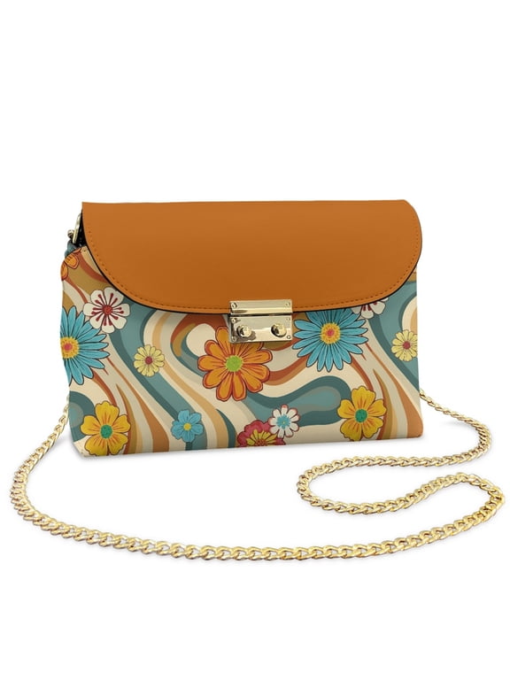 Hippie Daisy Wave Orange Print Crossbody Bags for Women, PU Leather Cross Body Purses, Minimalist Trendy Handbags Shoulder Bag with Detachable Strap
